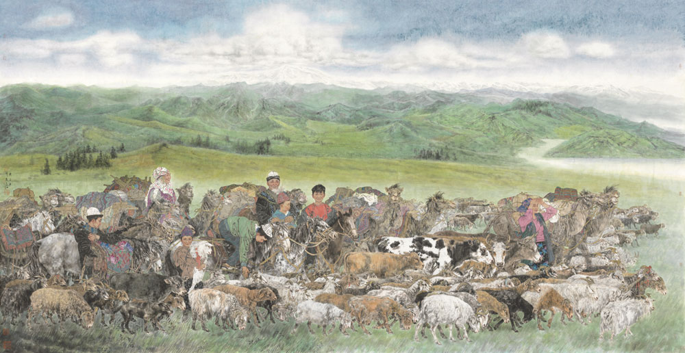 于文江《哈萨克迁徙——春的牧场》纸本水墨设色2020年190厘米×367厘米一带一路国际美术工程入选作品.jpg